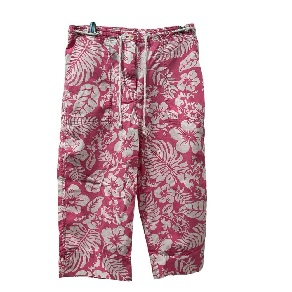 Lauren Ralph Lauren Size 10P Petite Capri Crop Pants Pink White Hawaiian Floral